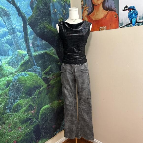 gray utility flare pants y2k stitched panel streetwear size small - Picture 2 of 6